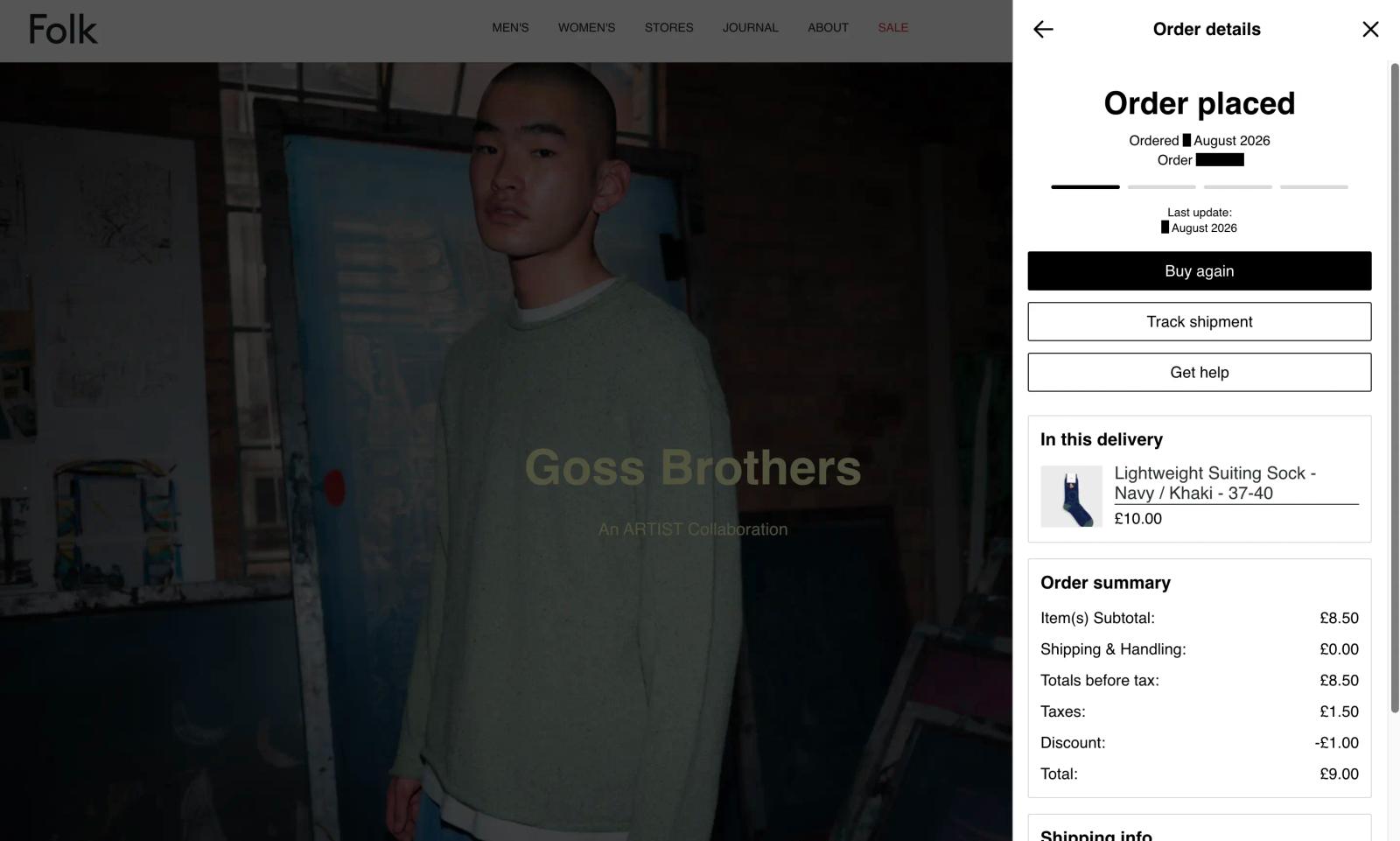Image shows an order details panel open over the dimmed Folk Clothing website. The panel is headed “Order details,” then “Order placed”, with the order date and number blacked out and a 4-step progress bar at the first step. Buttons read “Buy again,” “Track shipment,” and “Get help.” “In this delivery” lists “Lightweight Suiting Sock - Navy - 37–40” at £10.00, and “Order summary” ends with Total: £9.00.