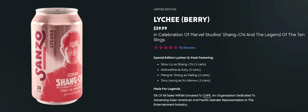 This is an example of a piece of an integration campaign. Image shows a limited-edition lychee drink from Sanzo, featuring characters from the film Shang-Chi and the Legend of the Ten Rings. The can appears on a black background next to a list of product details, including the price of the limited-edition 12-pack ($39.99), what’s included in the package, and information about 5% of the proceeds going to CAPE, an organization dedicated to advancing Asian American and Pacific Islander representation in the entertainment industry.