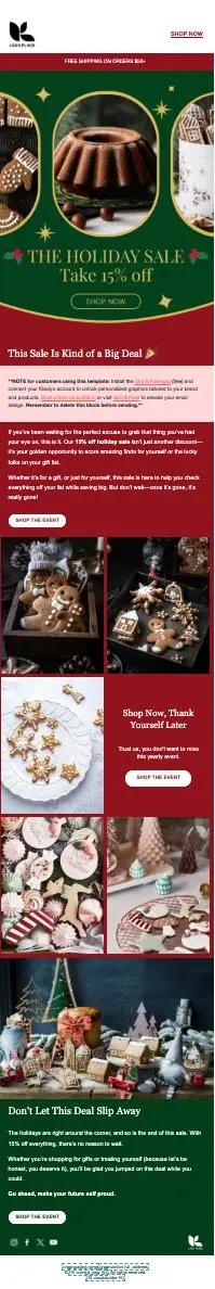 Weihnachtsverkaufs-E-Mail-Vorlage mit Bildern von Plätzchen, Dekorationen und Texten über einen 15% Rabatt auf Feiertagsartikel.