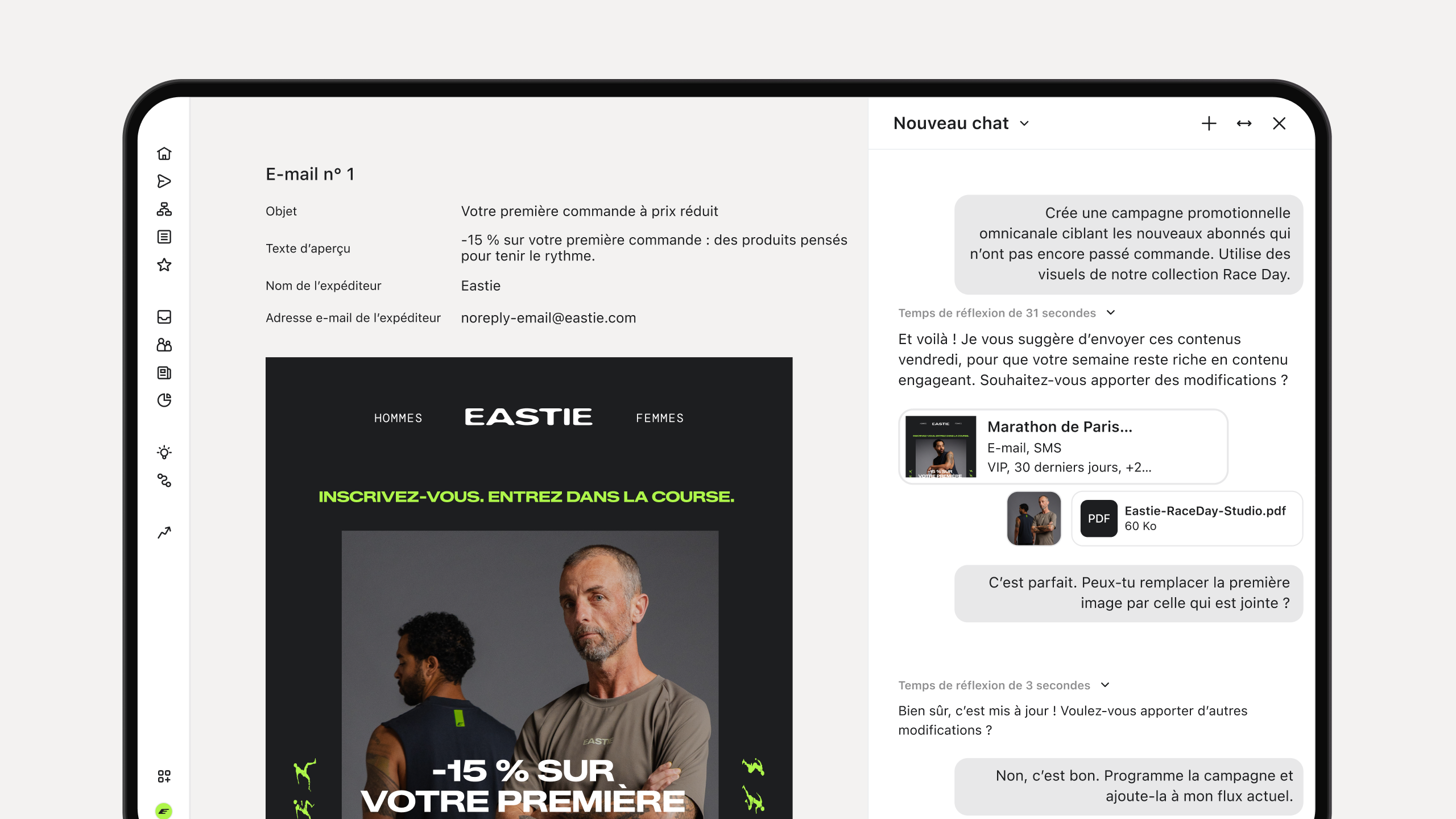 Marketing platform showing an athletic apparel email preview beside an AI chat planning a promotional campaign.