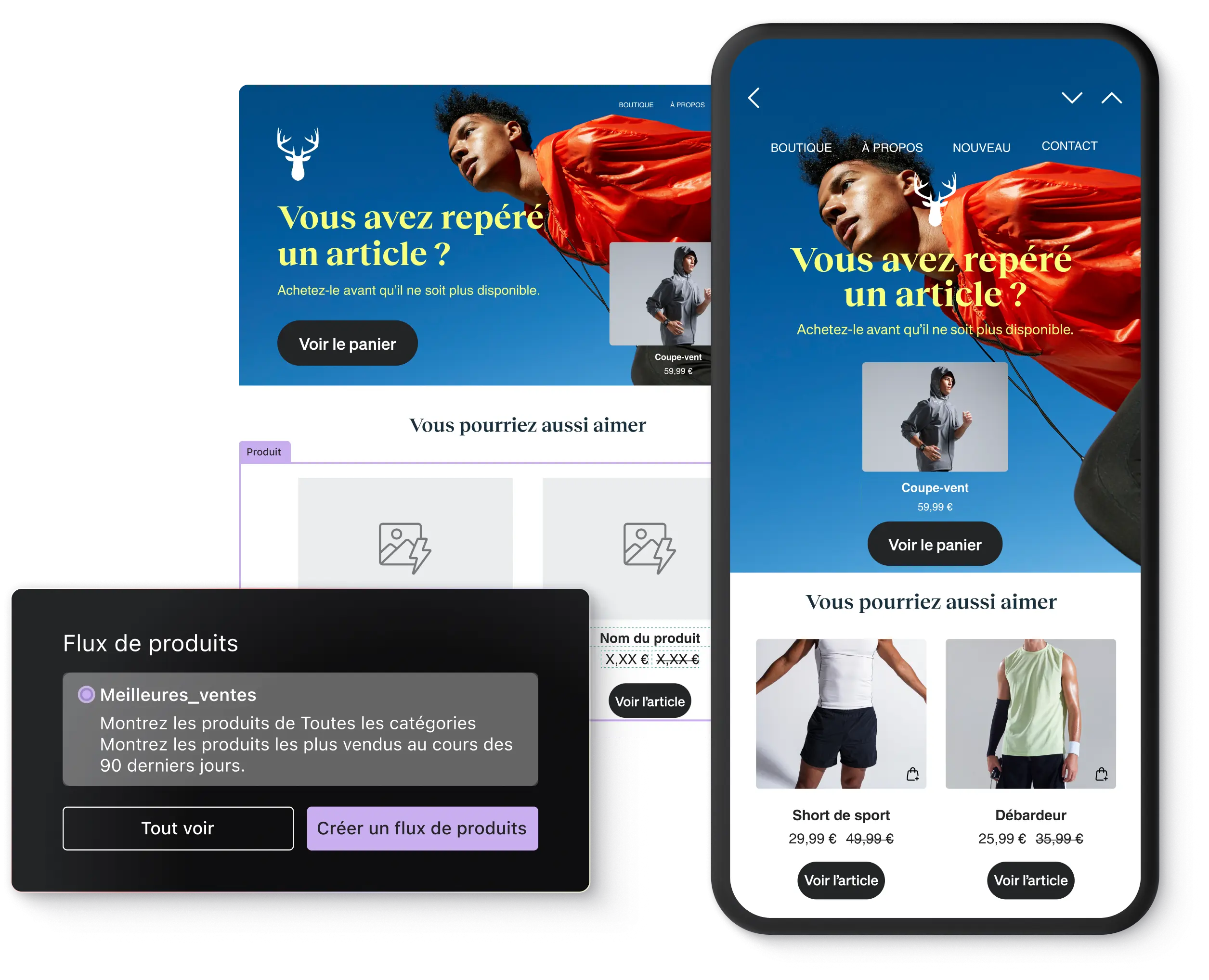 Interface de site web de mode avec des options d'achat pour un coupe-vent, un short de sport et un débardeur.