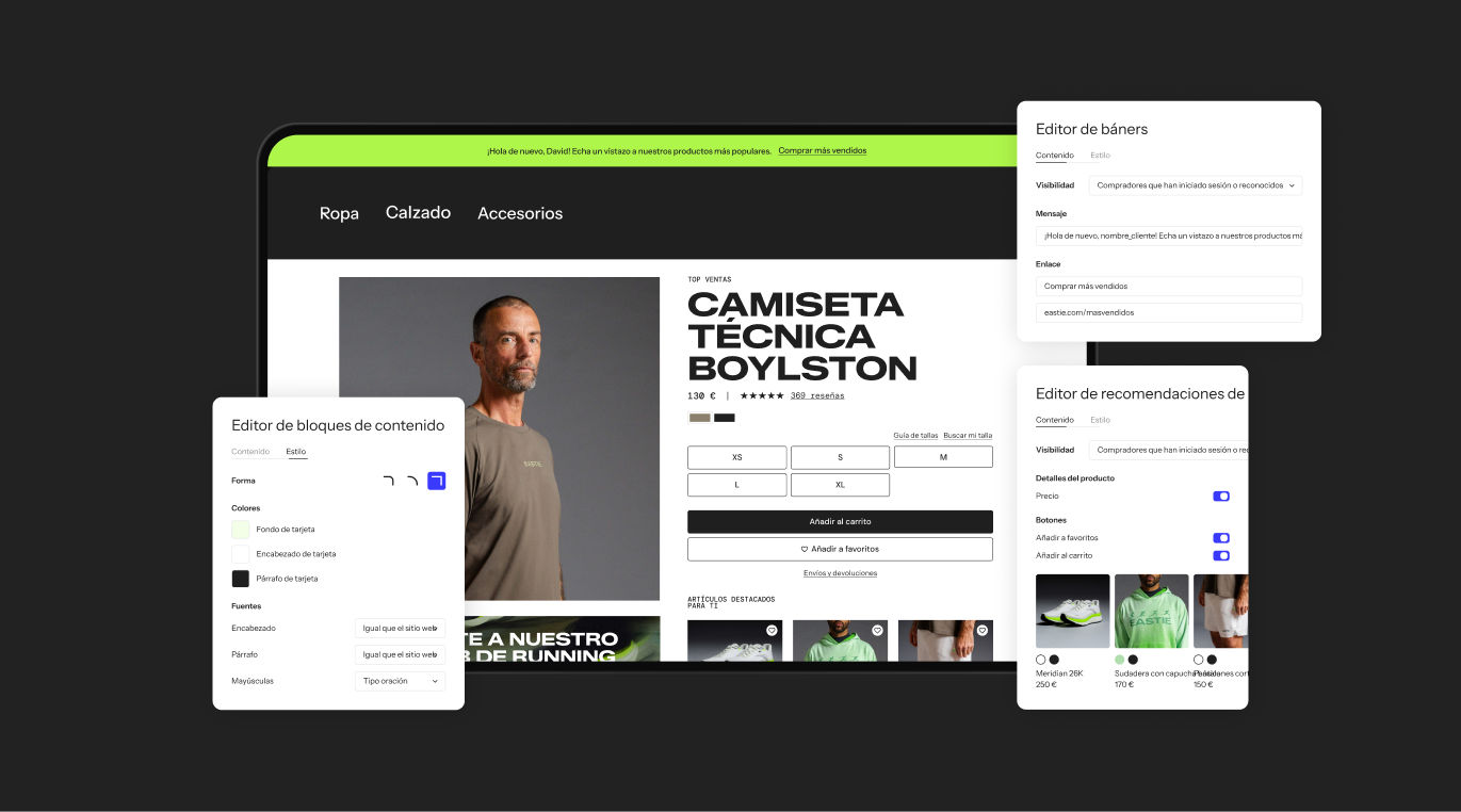E-commerce platform editor interface displaying a product page with overlaying panels for content, banners, and recommendations.