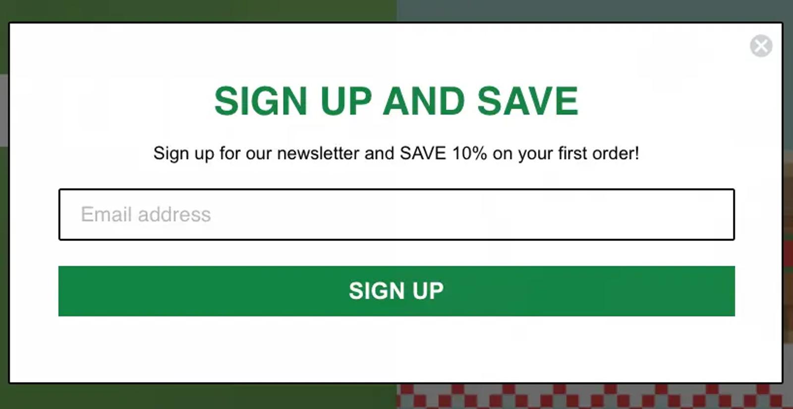 Image shows a simple sign-up form from the Official Store of Minecraft, which encourages site visitors to "sign up for our newsletter and SAVE 10% on your first order!" The only field is an email address.