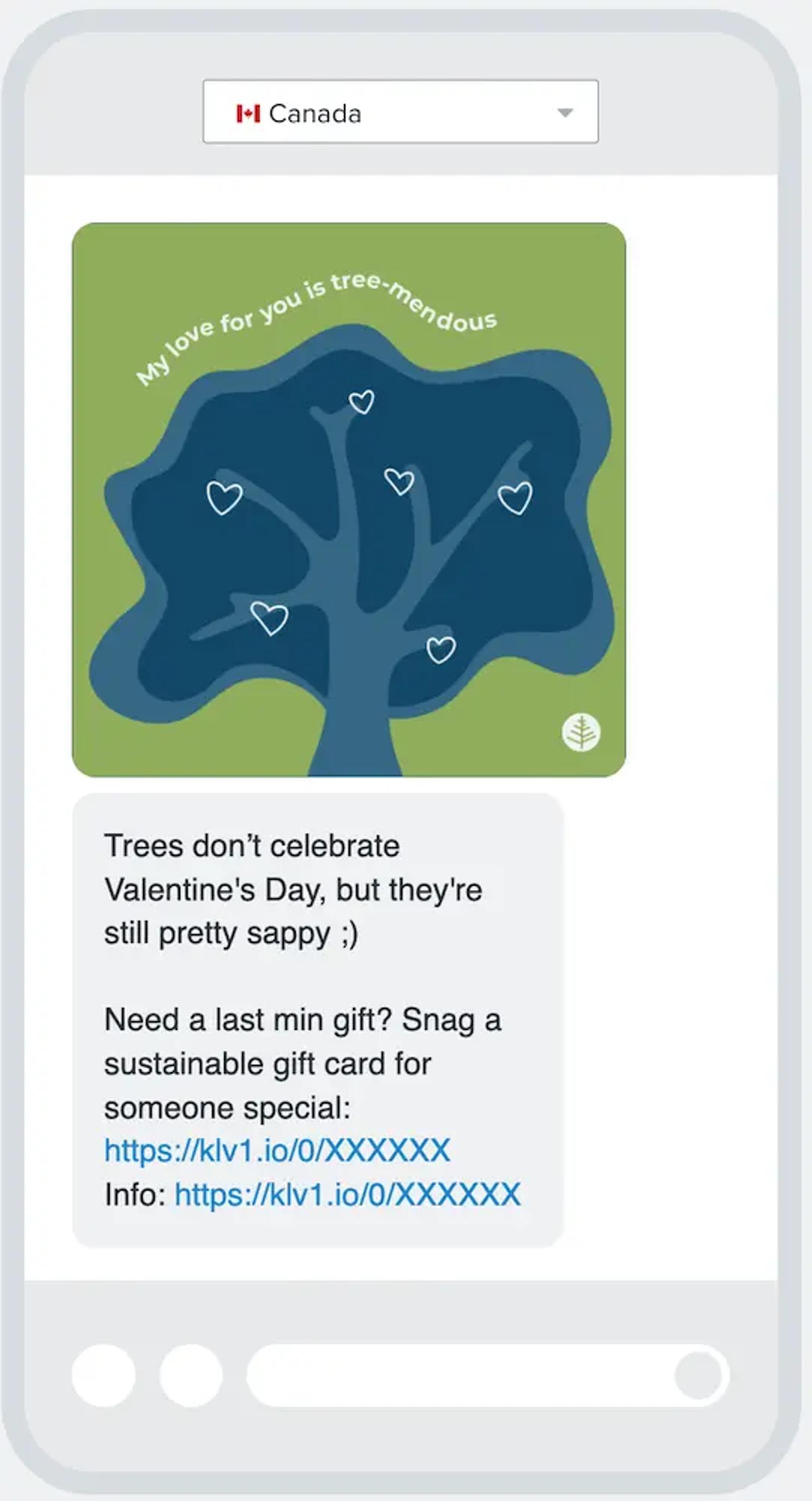 Smartphone screen showing a Valentine's Day message with a tree illustration and text: "My love for you is tree-mendous.