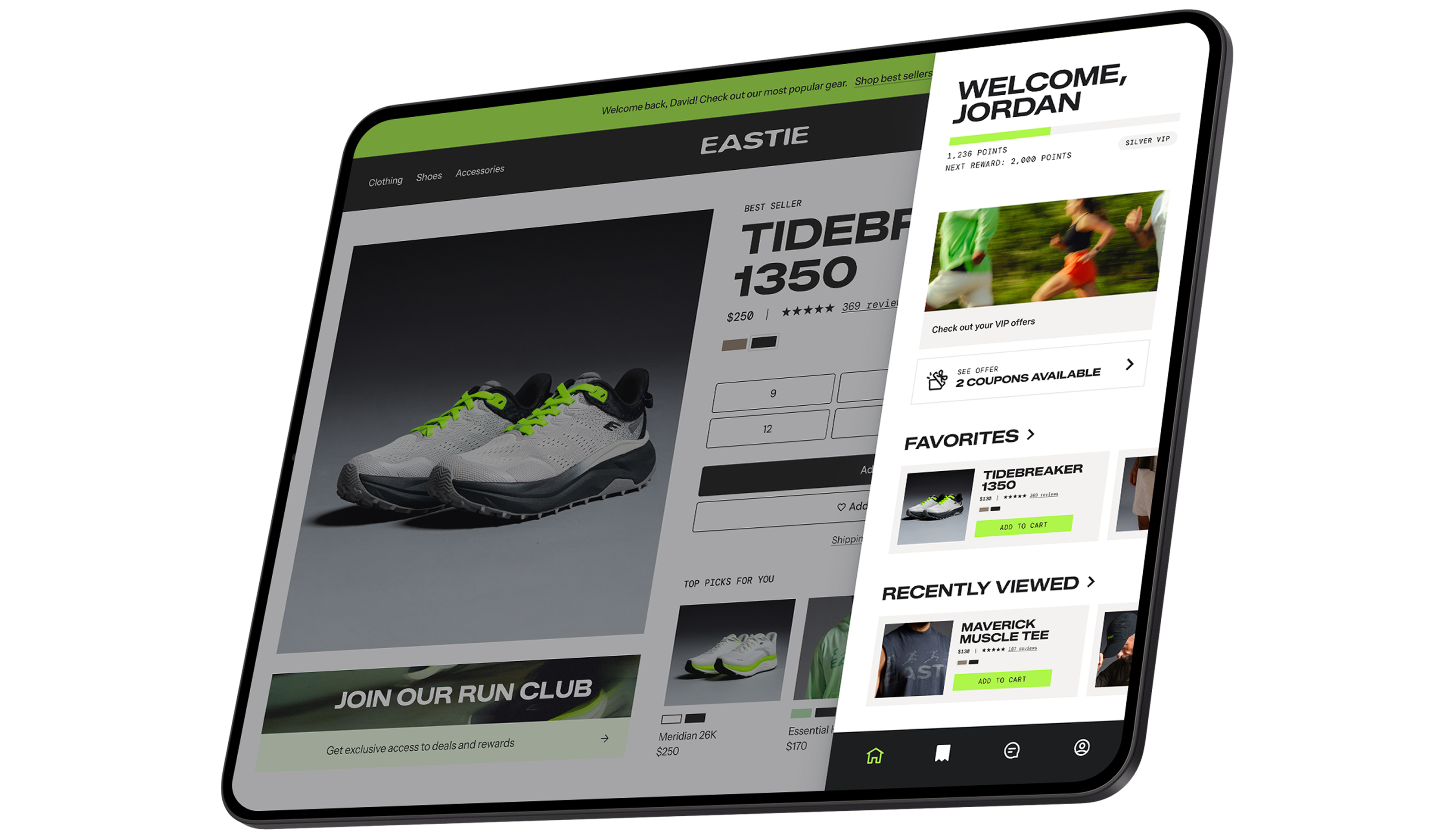 Tablet displaying an athletic shoe product page alongside a customer rewards and favorites panel.