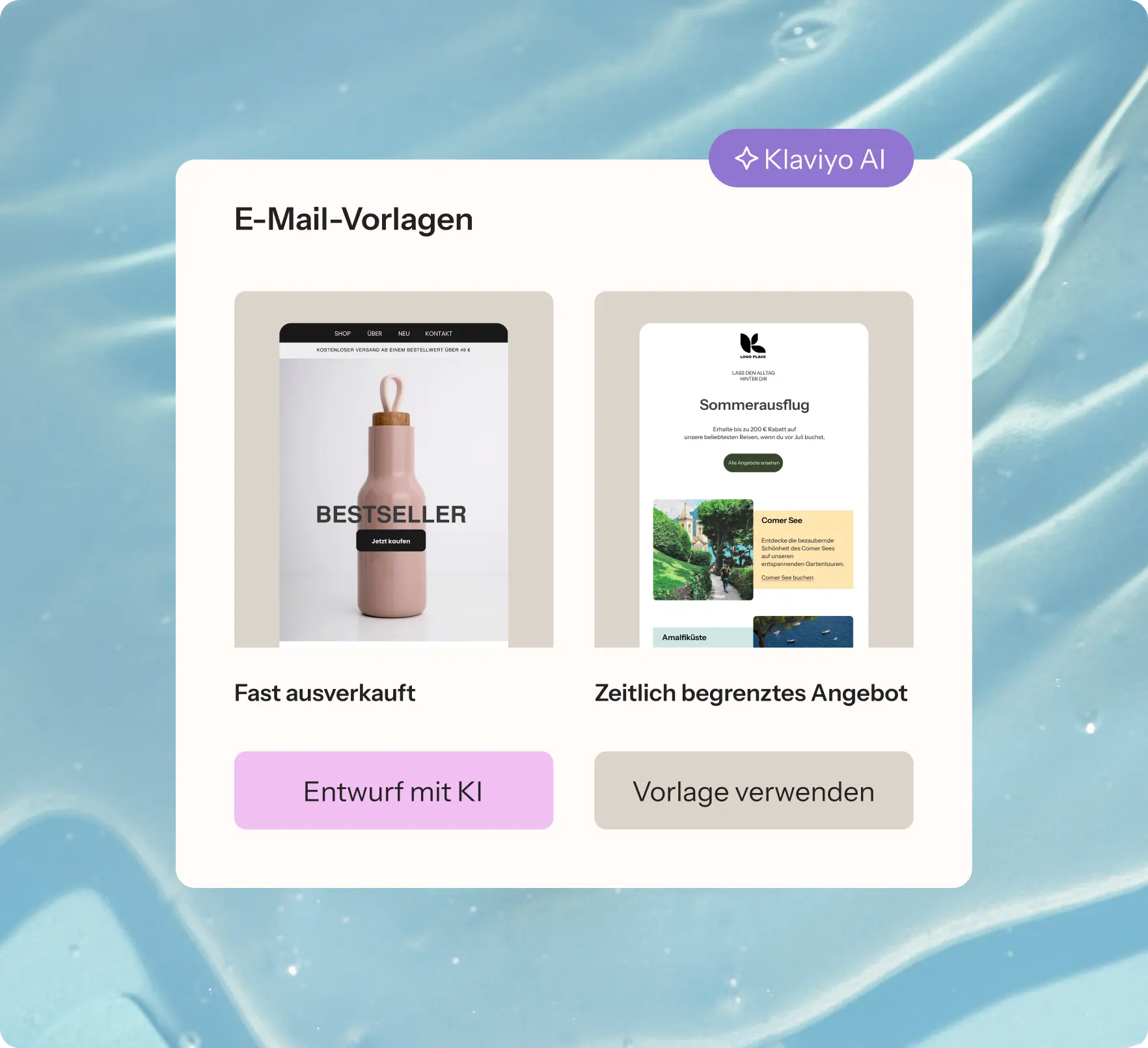 Bild, das die KI-gestützten E-Mail-Marketing-Vorlagenfunktionen der Klaviyo-Plattform veranschaulicht