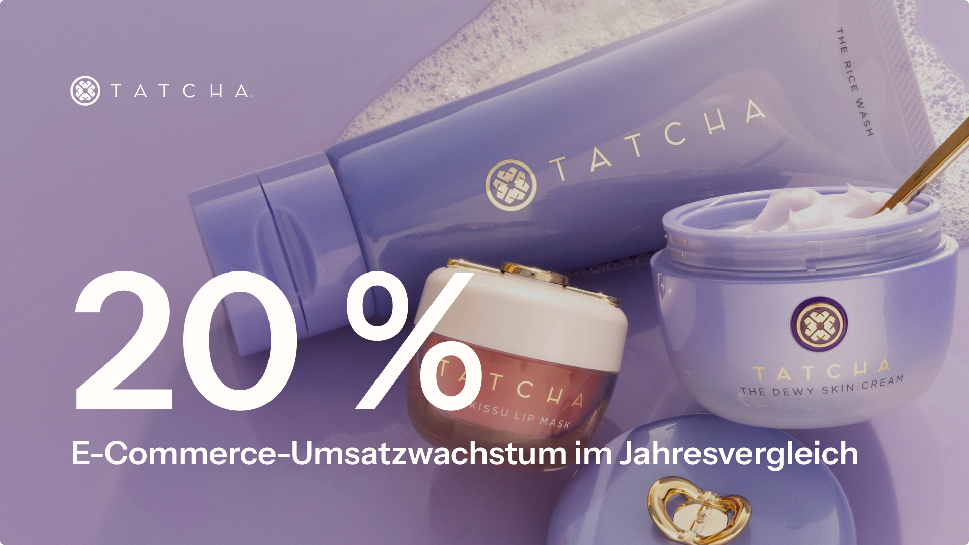 Tatcha-Hautpflegeprodukte mit Text: ‚E-Commerce-Umsatzwachstum im Jahresvergleich‘