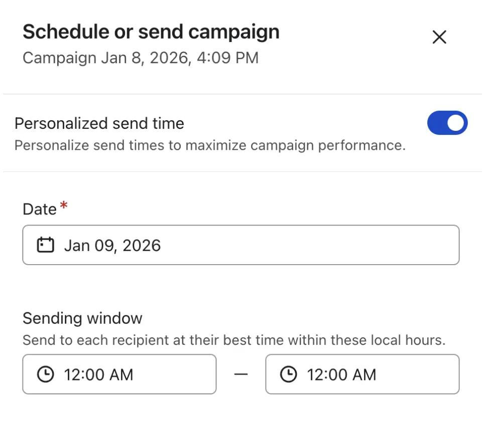 Schedule or send campaign interface showing personalized send time toggle, date set to Jan 09, 2026, and sending window from 12:00 AM to 12:00 AM.