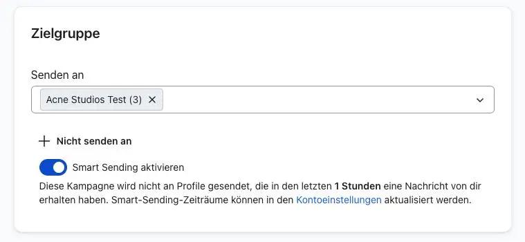 Zielgruppeinstellungen für eine Kampagne mit aktivierter Smart Sending-Funktion und ausgewählter Gruppe "Acne Studios Test (3)".