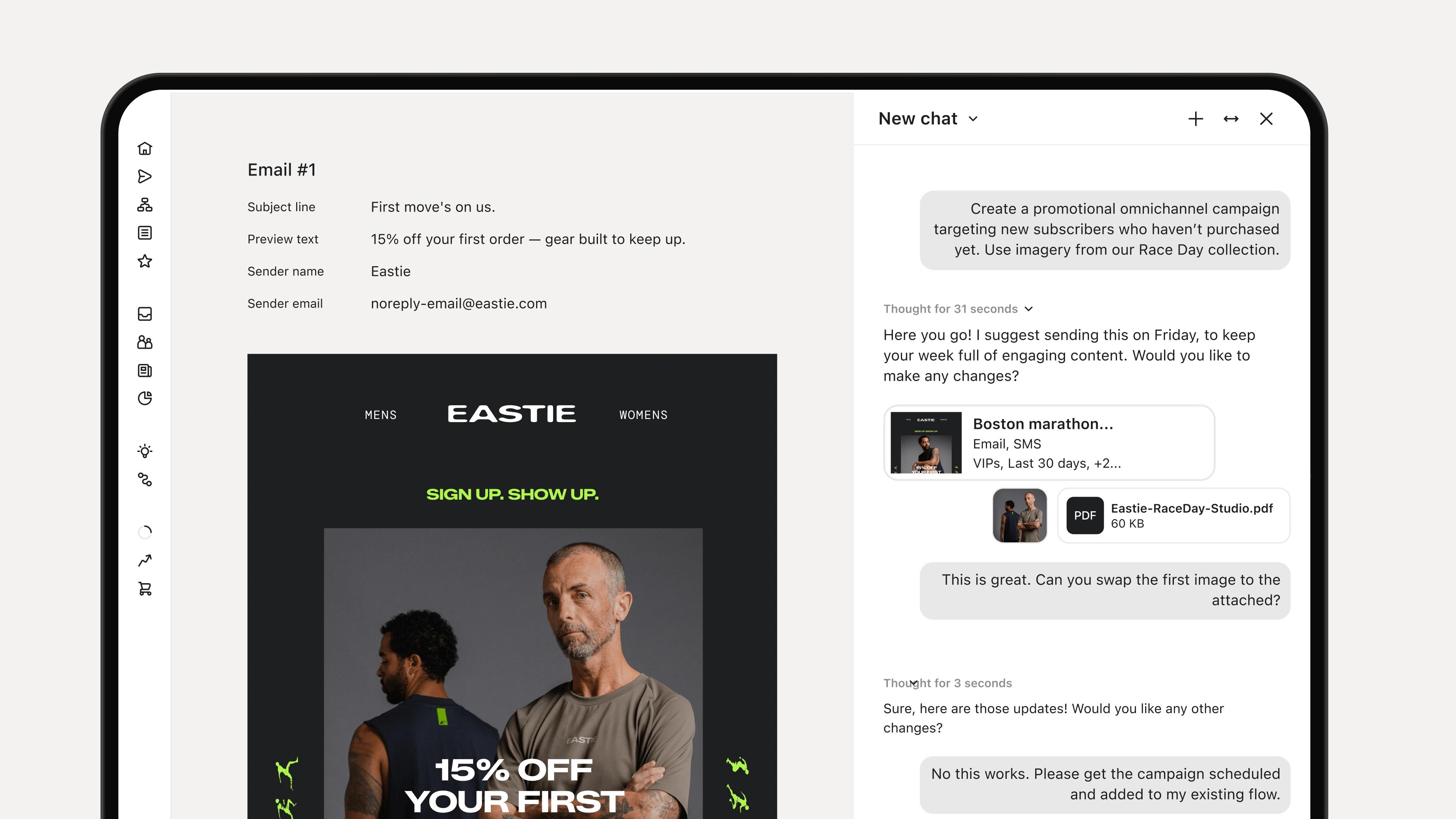 Marketing platform showing an athletic apparel email preview beside an AI chat planning a promotional campaign.