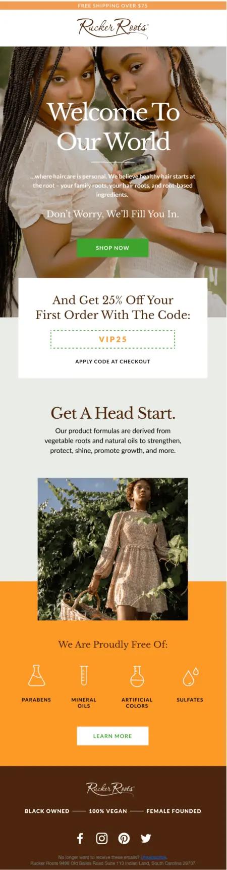 Image shows a welcome series email from Rucker Roots