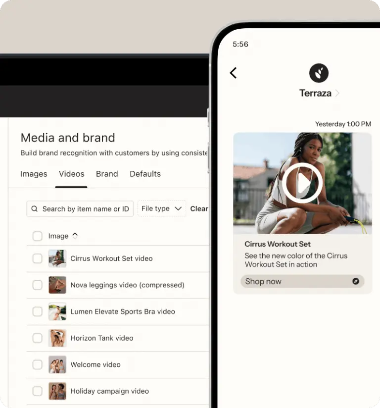 Laptop screen showing a media library with video files listed. A smartphone displays a video ad for the Cirrus Workout Set.