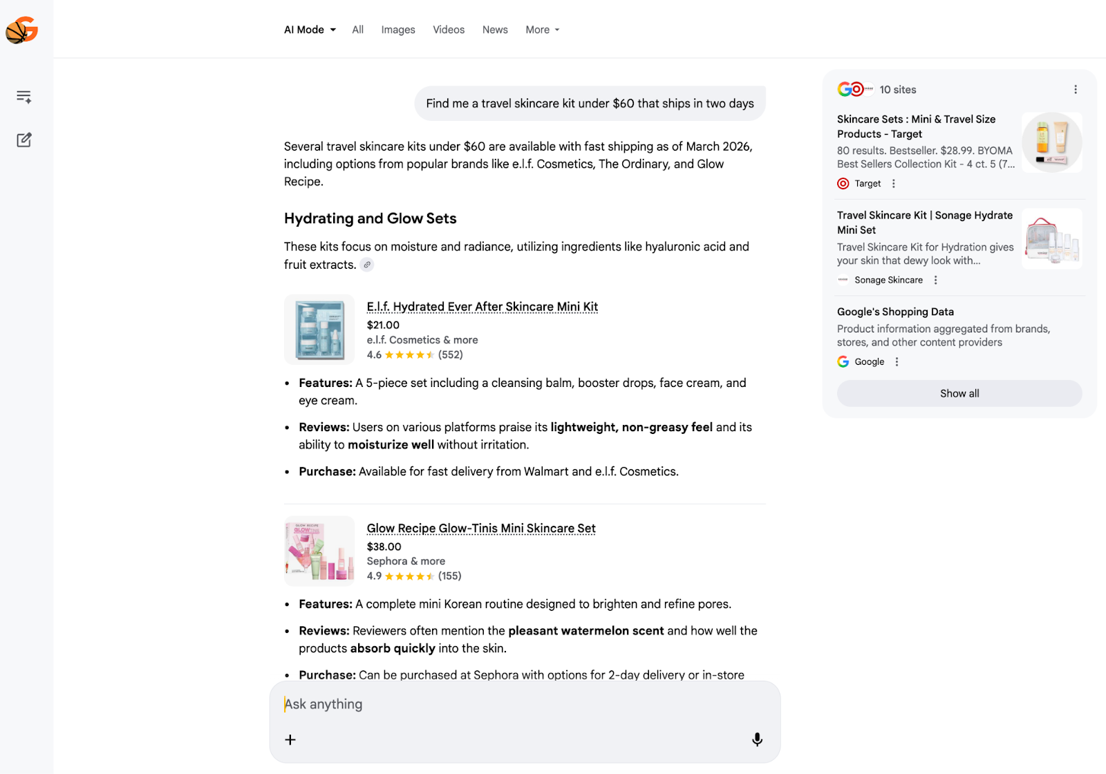 creenshot showing Google's AI Mode in Search. The search result pane shows a conversational query, "Find me a travel skincare kit under $60 that ships in two days." Results underneath the query show product listings from e.l.f. and Glow Recipe, each with a star rating, features list, reviews, and how to purchase. There are small thumbnail images of each product beside each listing, the first being a blue skincare mini kit in a box, and the second being a line of skincare products in pink packages lined up next to each other beside their pink packaging.