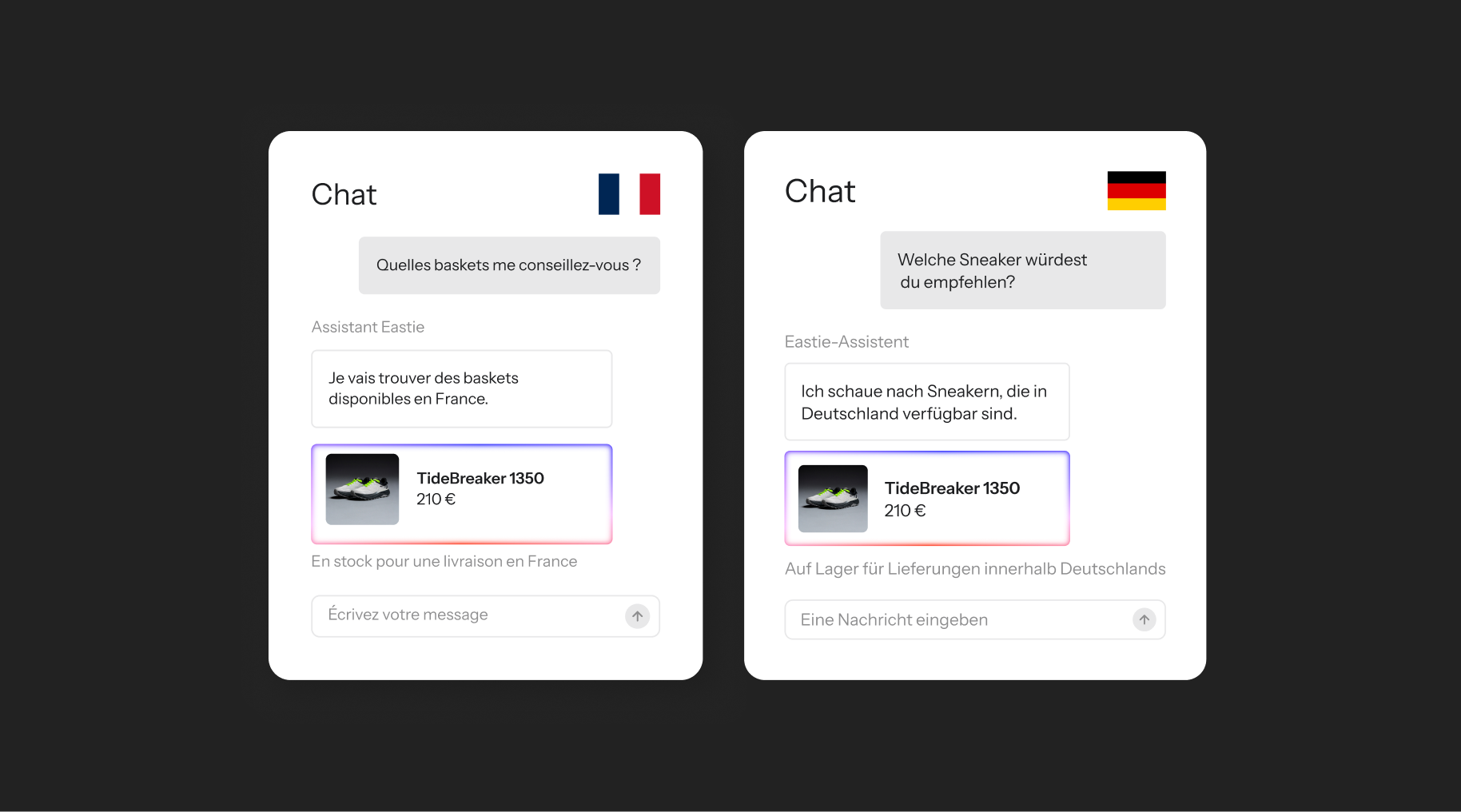 AI assistant recommending TideBreaker 1350 sneakers (210€) in two chat windows, localized for France and Germany.