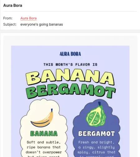 Image shows the top half of a successful email marketing campaign from sparkling water brand Aura Bora. The subject line reads “everyone’s going bananas” and the email headline reads “this month’s flavor is banana bergamot.” The email makes use of fun, beachy colors on a lavender background, with illustrations of the fruit in question in the descriptions of each flavor.