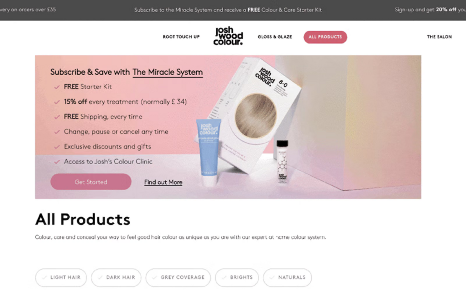 Image shows the final screen of a sign-up form sequence on the Josh Wood Colour website, which includes a CTA to start shopping. Set on a pastel purple surface are several Josh Wood Color products, including a white box of blond hair dye, teetering on its corner against a pastel purple, yellow, and pink wall, a small blue bottle of hair product, and a small white bottle of hair product. To the left of the products is text that describes the benefits of subscribing and a pink CTA button that says, “Get started.”