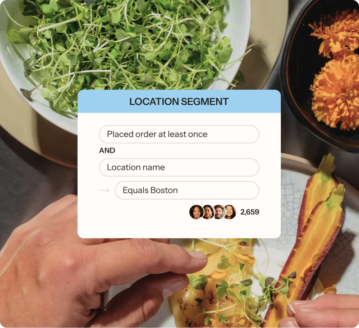 Hands preparing a dish with microgreens and carrots. Overlay text shows a location segment for Boston with 2,659 orders.