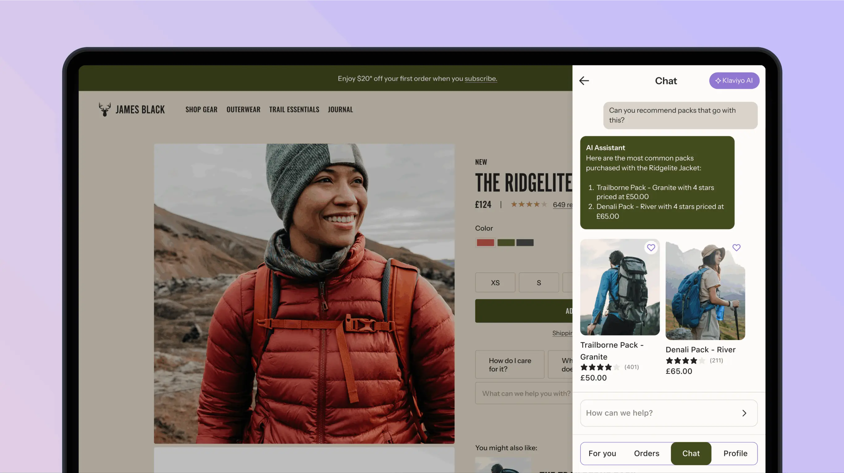 A website displaying a product page for "The Ridgelite Jacket" with a chat feature suggesting related packs.