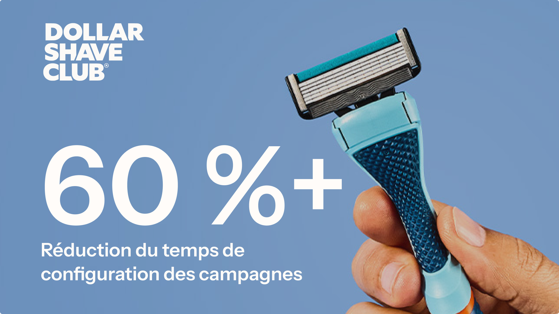 Logo Dollar Shave Club, main tenant un rasoir, texte : « 60 %+ Réduction du temps de configuration des campagnes »
