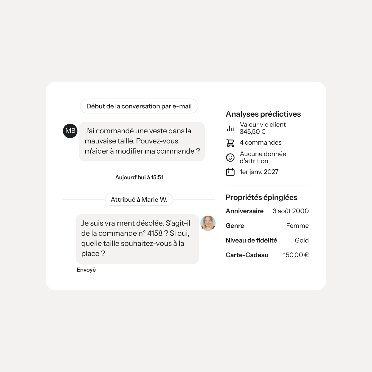 Customer support chat about changing a jacket size, alongside predictive analytics and customer details.