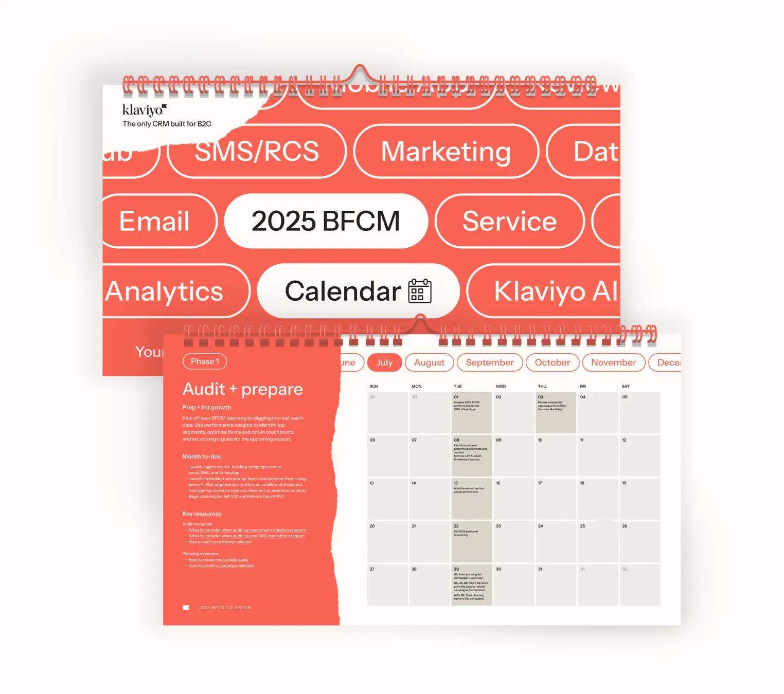 2025 BFCM calendar by Klaviyo, featuring marketing terms and a monthly planner with tasks for auditing and preparation.