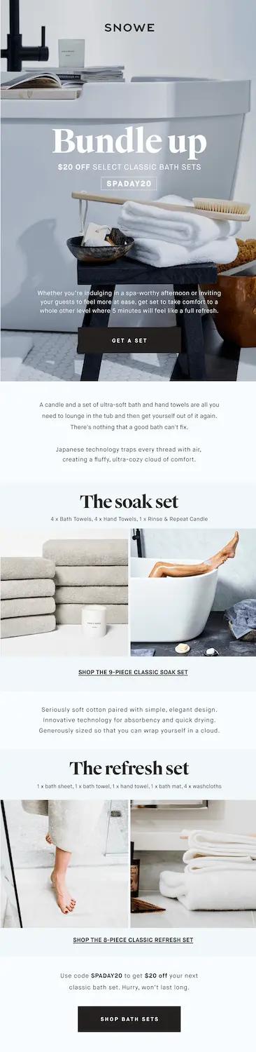 Image shows an email from home essentials brand Snowe, titled, “Bundle up.” The email features beautiful product shots categorized into sets, with brief descriptions and CTAs encouraging shoppers to buy products in bundles rather than individually.
