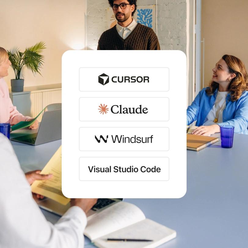 Team meeting with an overlay listing Cursor, Claude, Windsurf, and Visual Studio Code.