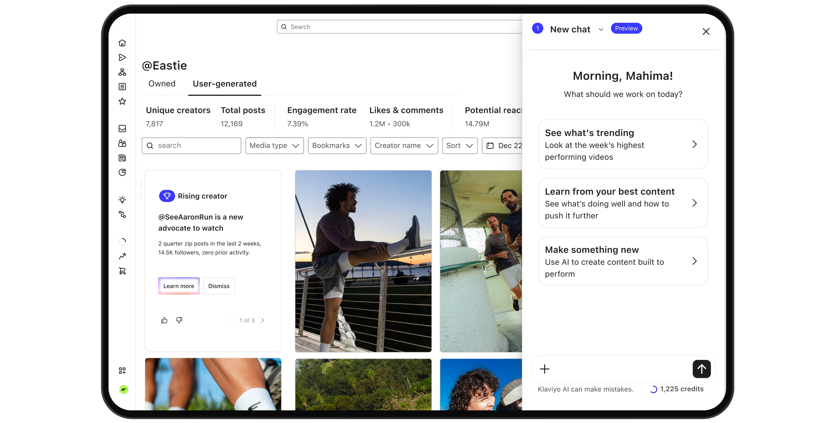 Creator analytics dashboard with user-generated posts and an AI chat panel offering content suggestions.