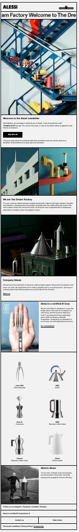 Newsletter-Grafik von Alessi mit dem Titel „am Factory Welcome to the Dream“. Zu sehen sind Designobjekte und Haushaltsprodukte in einer stilisierten Fabrikumgebung sowie Bilder moderner Architektur und ikonischer Alessi-Produkte.
