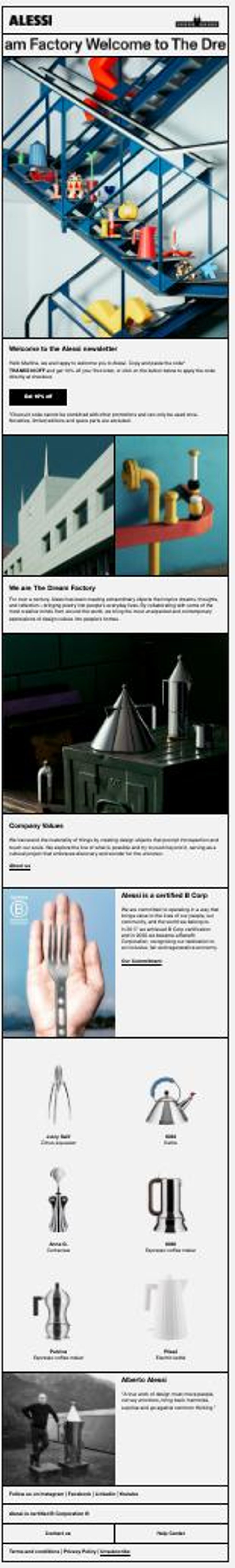 Newsletter-Grafik von Alessi mit dem Titel „am Factory Welcome to the Dream“. Zu sehen sind Designobjekte und Haushaltsprodukte in einer stilisierten Fabrikumgebung sowie Bilder moderner Architektur und ikonischer Alessi-Produkte.