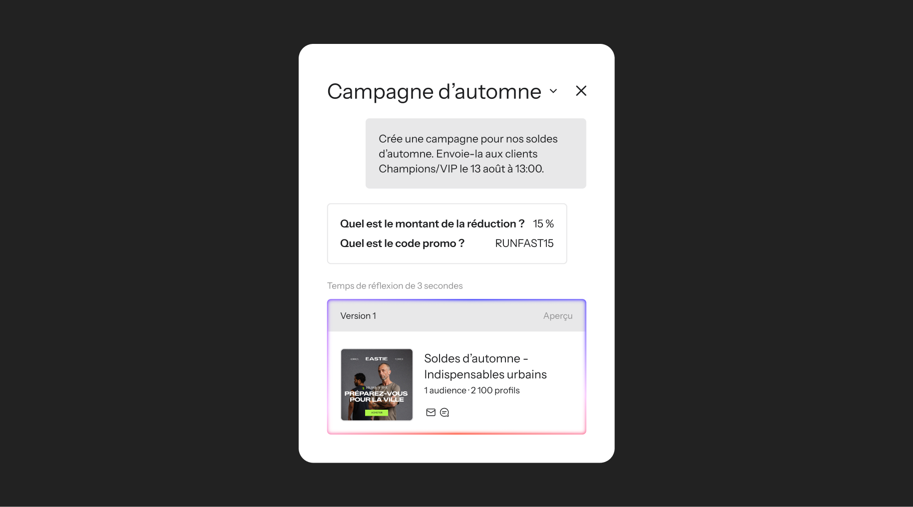 A UI showing an "Autumn Campaign" setup with discount (15%), promo code (RUNFAST15), and an ad preview for "Soldes d'automne."