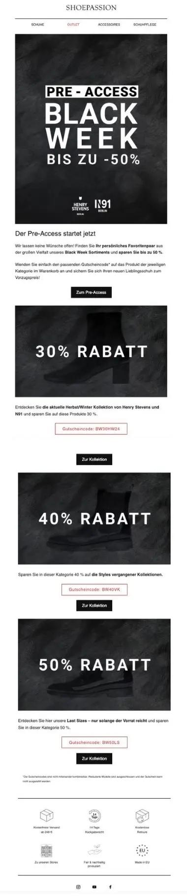 Newsletter von Shoepassion zur Black Week mit bis zu 50 % Rabatt. Enthält Rabattcodes und Bilder von Schuhen.