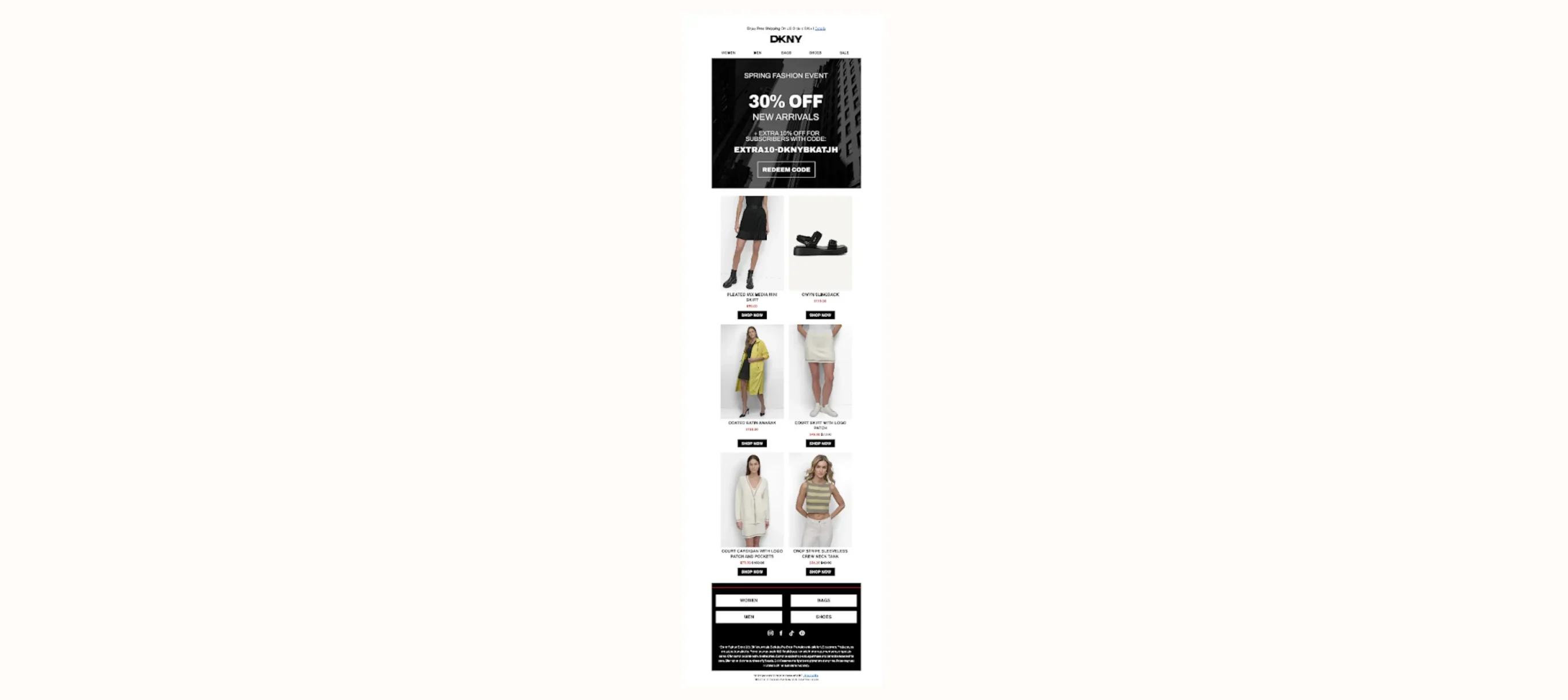 DKNY email showcasing a spring fashion event with 30% off new arrivals. Includes images of clothing items and a discount code.