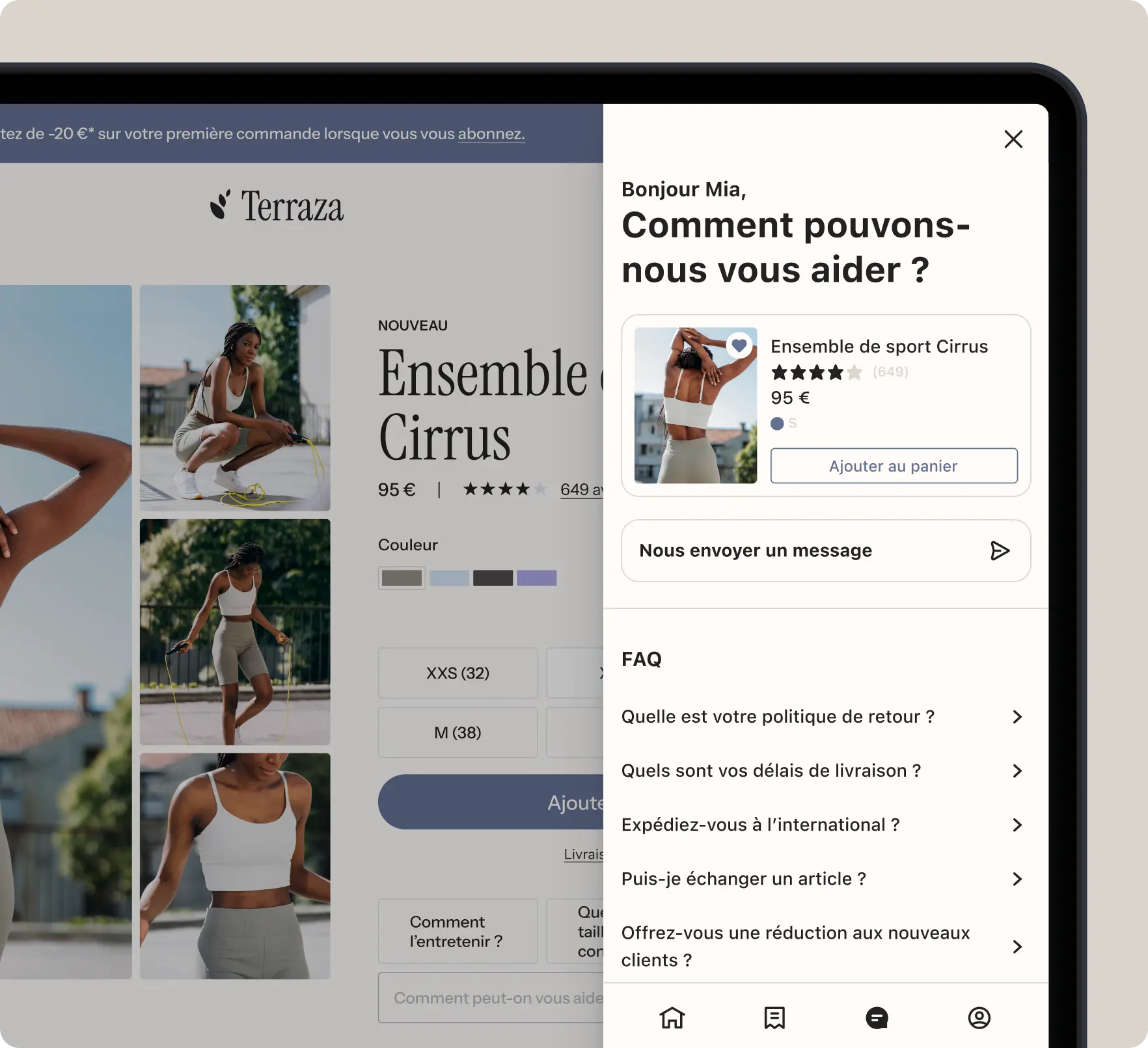 Page de produit en ligne pour "Ensemble de sport Cirrus" à 95 €, avec options de couleur et tailles. Fenêtre d'aide à droite.