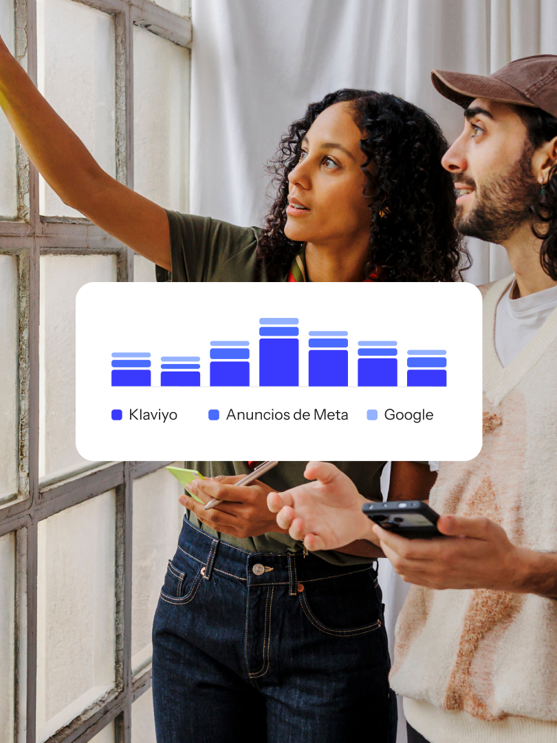Two marketers collaborate beside a chart comparing Klaviyo, Meta ads, and Google.