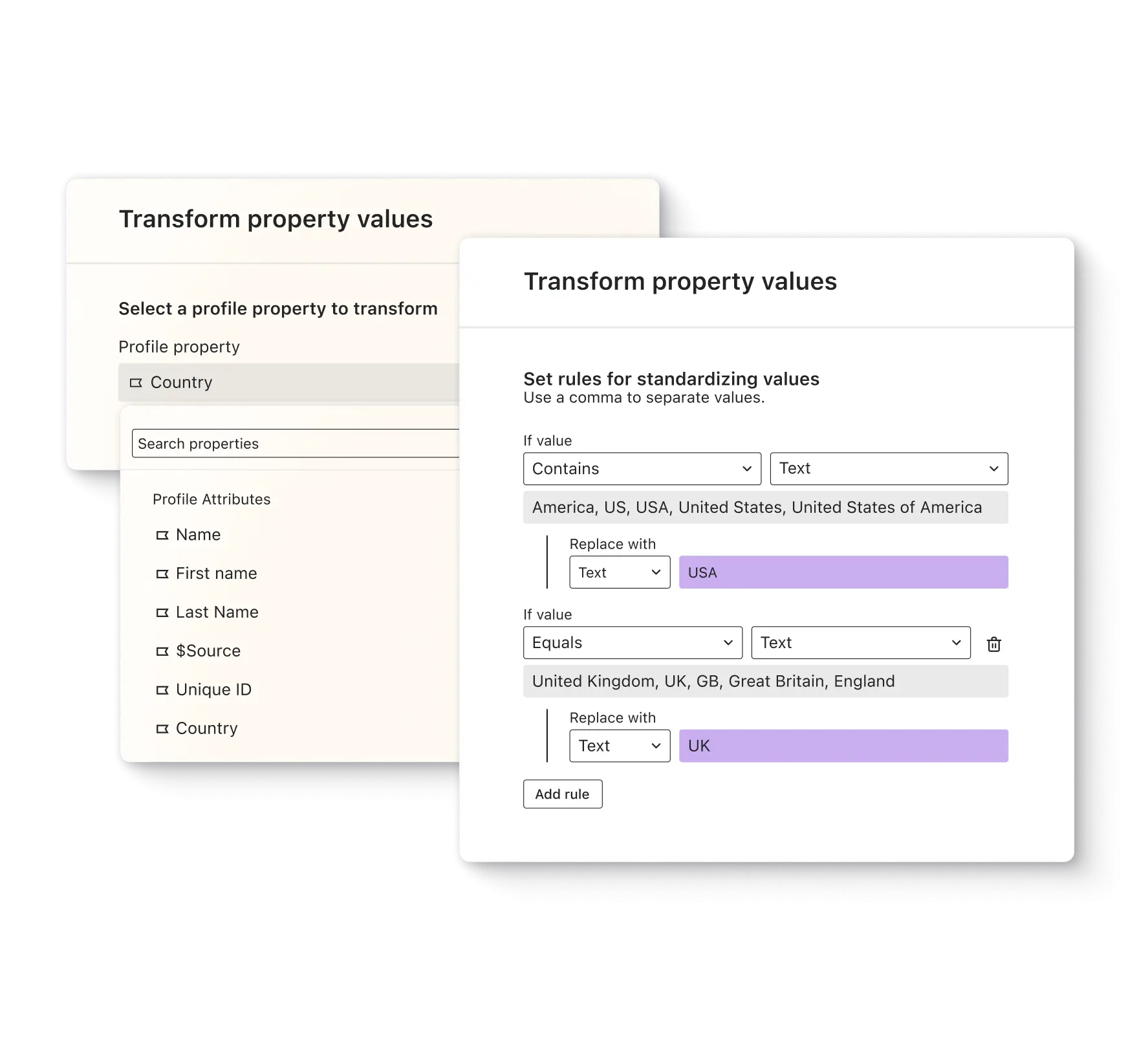 a snippet of the platform showing how to transform property values, next to a list of profile attributes