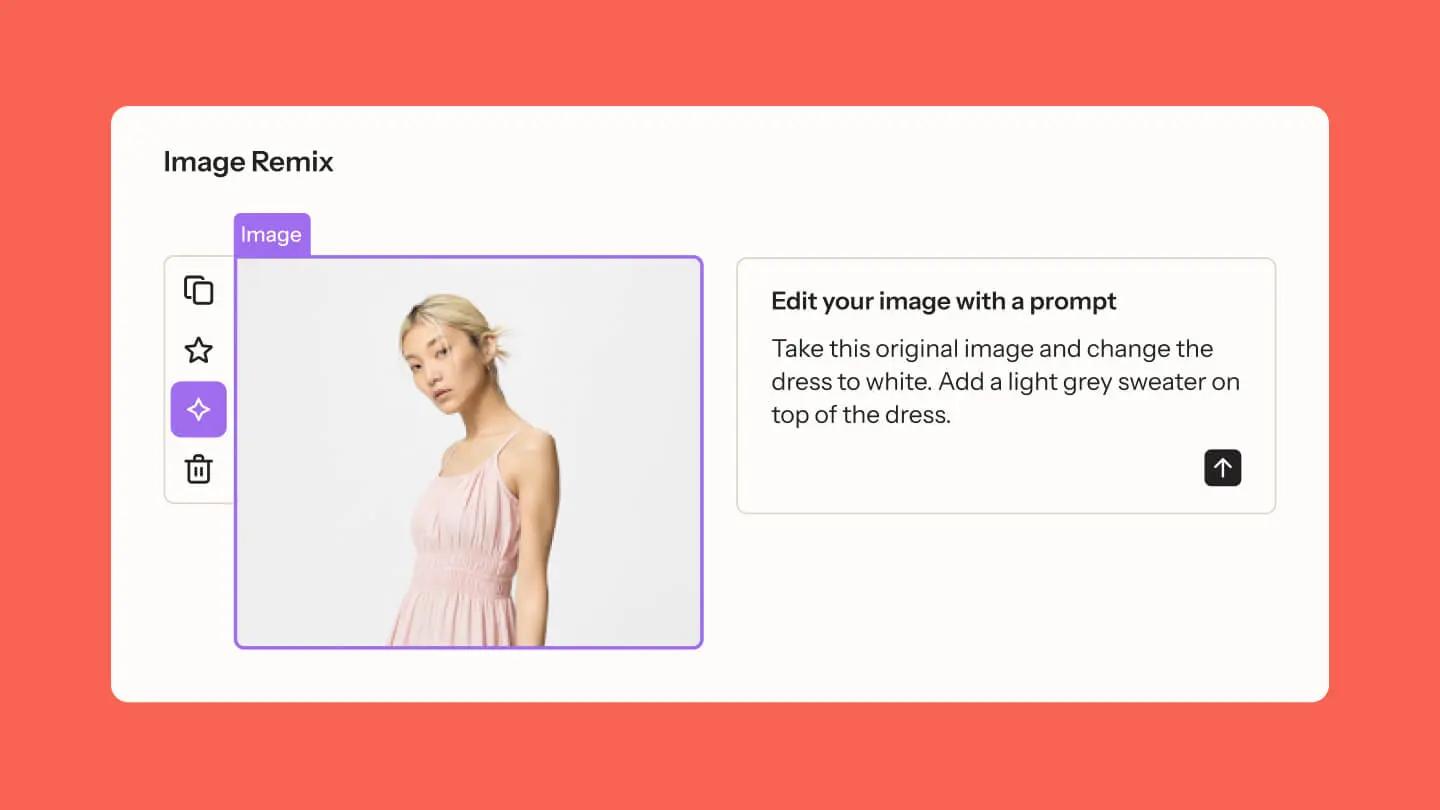 Interface showing an image of a woman in a pink dress with a prompt to edit it by changing the dress to white and adding a grey sweater.