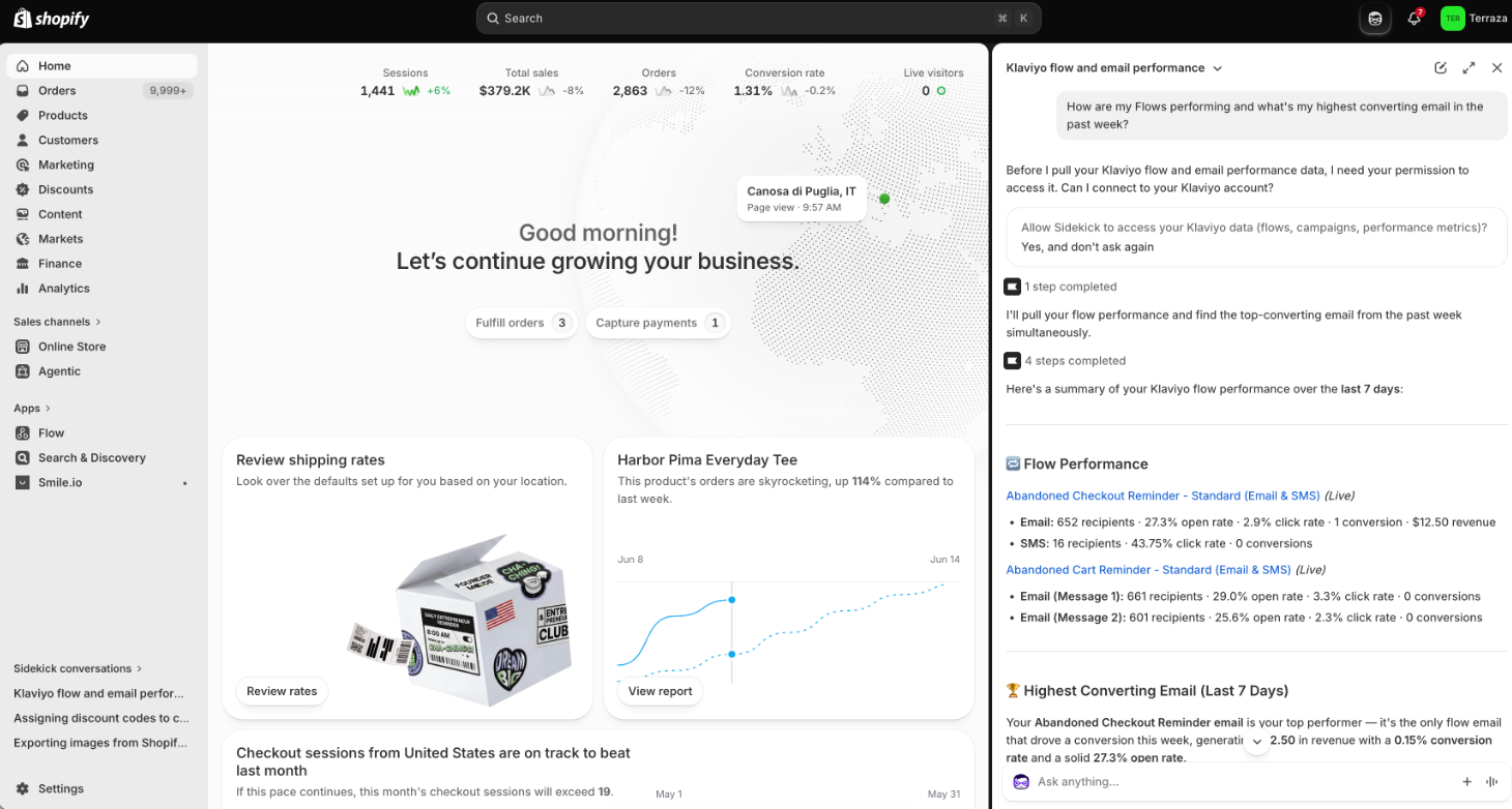 Shopify dashboard displaying business performance metrics and Klaviyo email marketing insights.