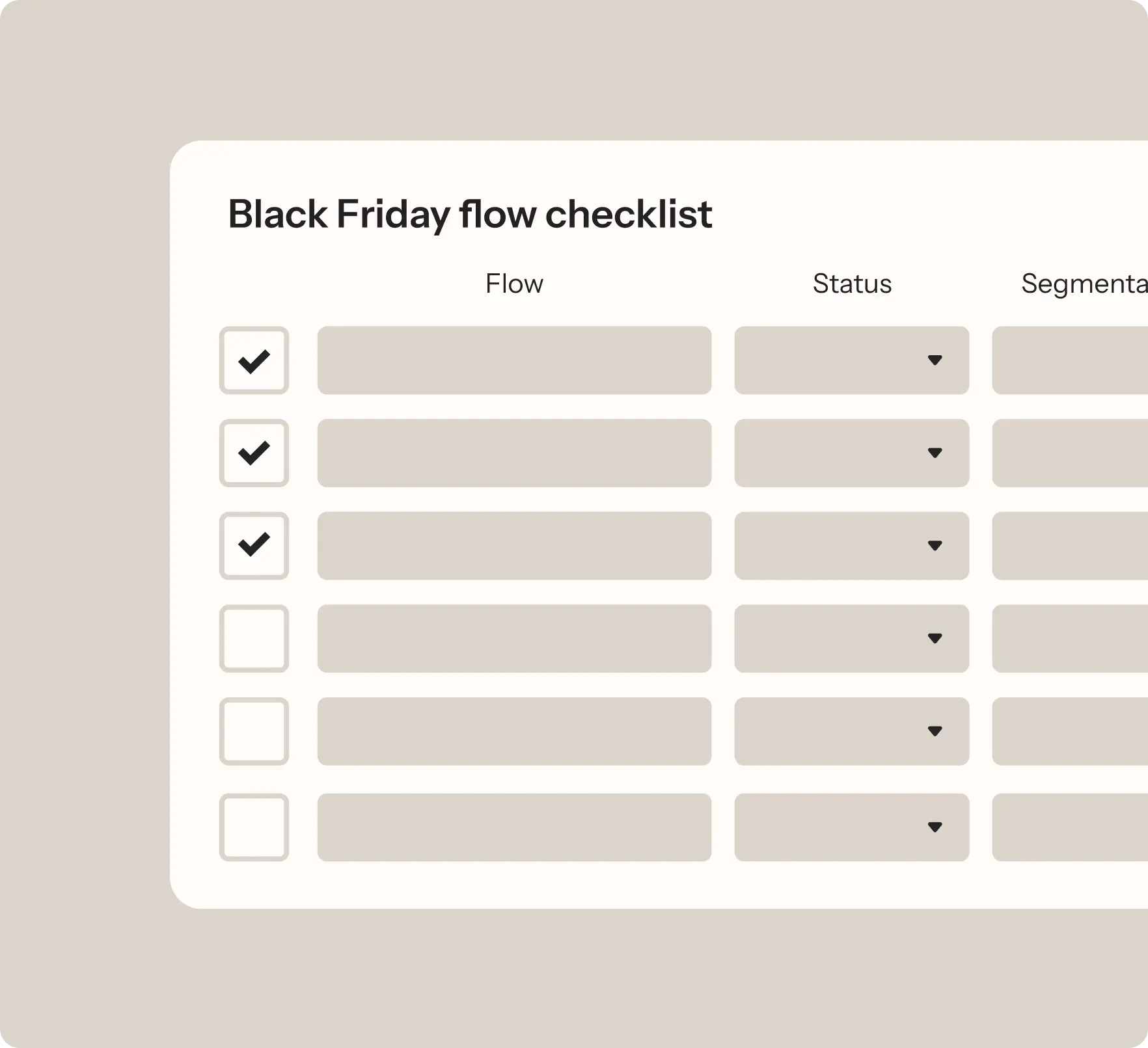 Black Friday flow checklist with columns for flow, status, and segmentation. Some items are checked.