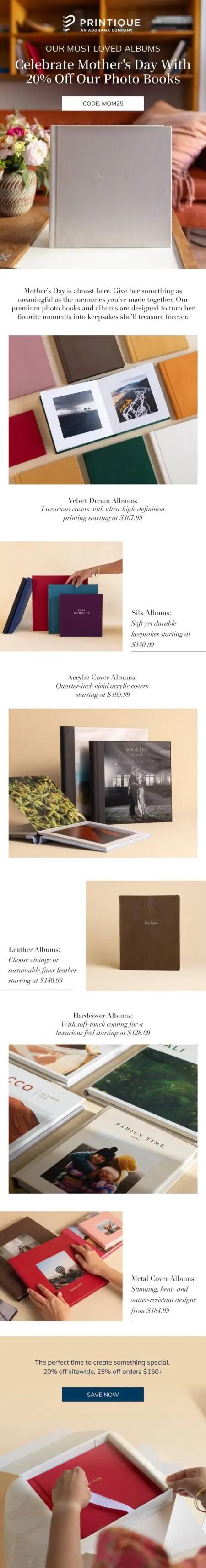 Image shows Mother’s Day print photo books, with descriptions of each product.