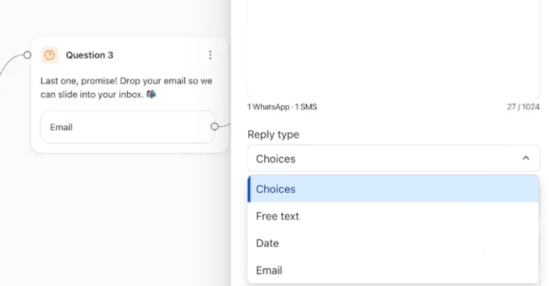 A user interface showing "Question 3" asking for an email, with a "Reply type" dropdown menu open, displaying "Choices" as selected and "Email" as an option.