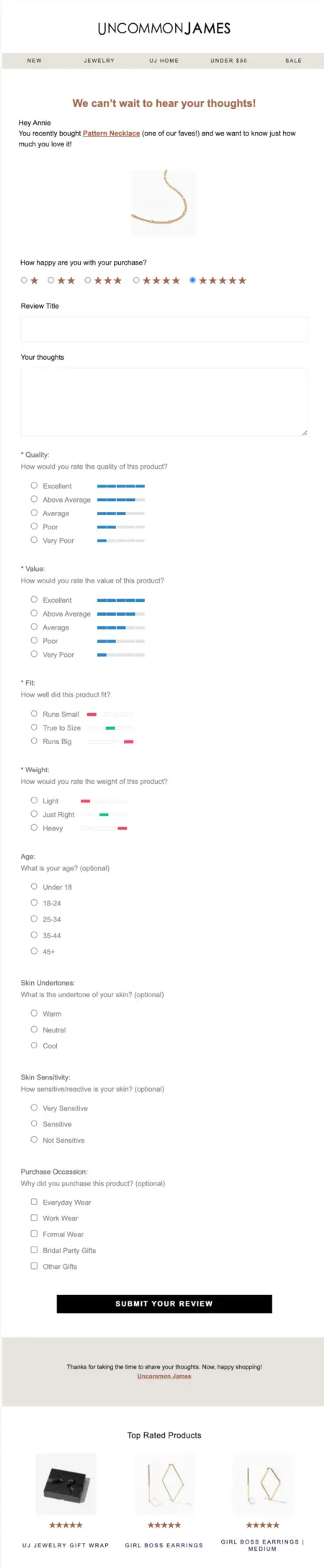 Image shows an email from Uncommon James that asks a recent shopper to leave a review, and also collects important demographic information.