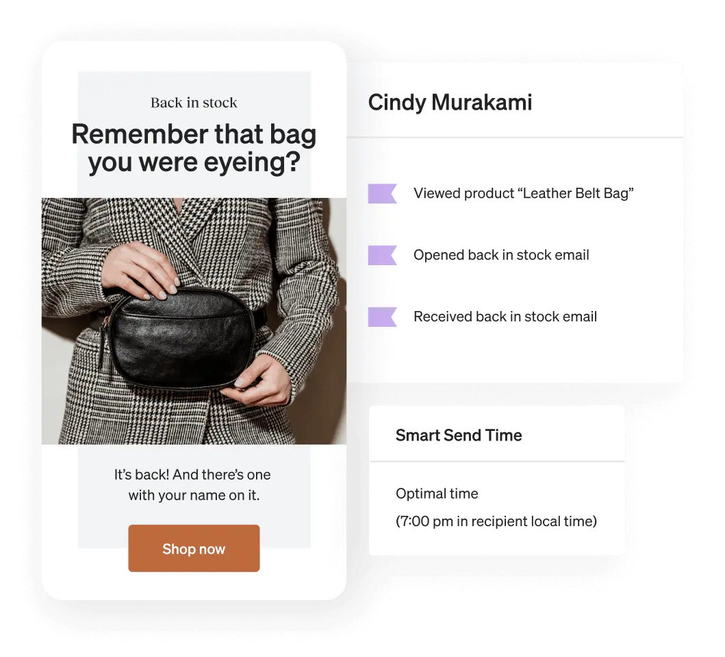Side-by-side views of Cindy Murakami’s customer profile, a window displaying Smart Send Time, and a back-in-stock email about a bag she’d been looking at