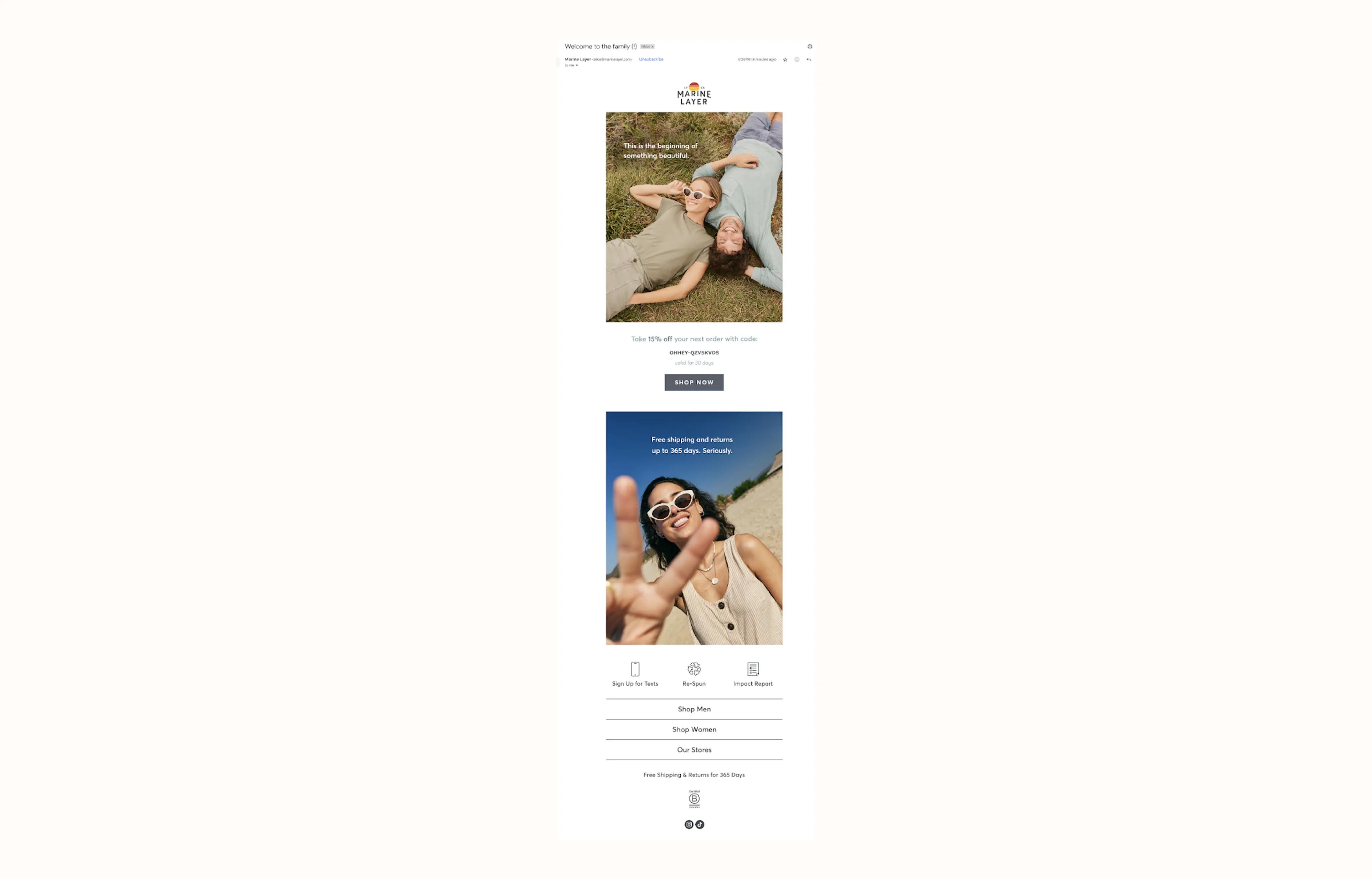 Image shows a welcome email from Marine Layer that gives every new subscriber a discount code, and highlights a key brand differentiator—free shipping and returns for 365 days.