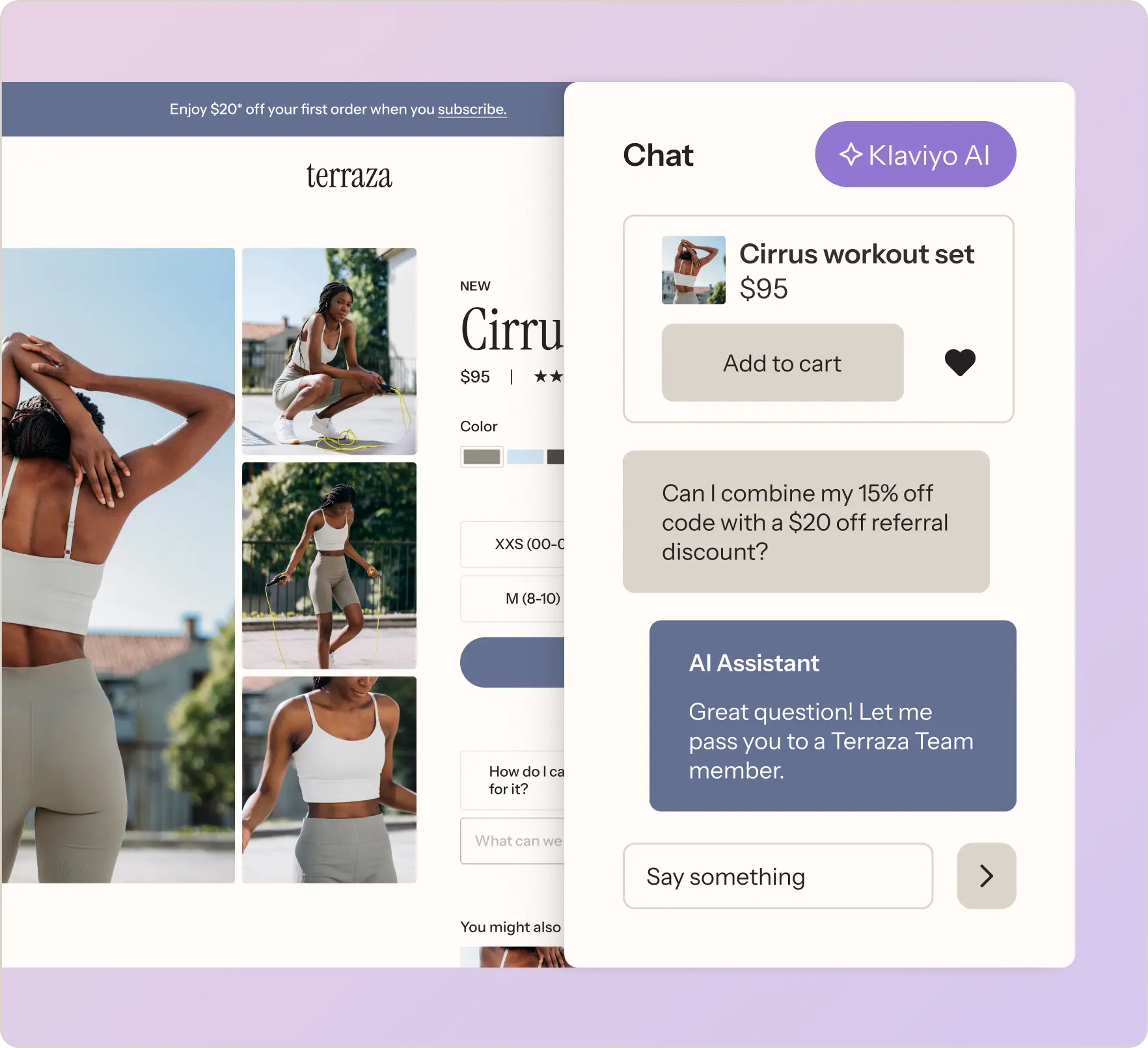 Online shopping interface for "Cirrus workout set" with chat support from Klaviyo AI, showing product images and a discount inquiry.