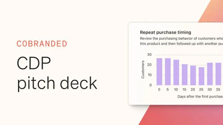 Text reads "Cobranded CDP pitch deck." To the right is a bargraph titled "Repeat purchase timing."