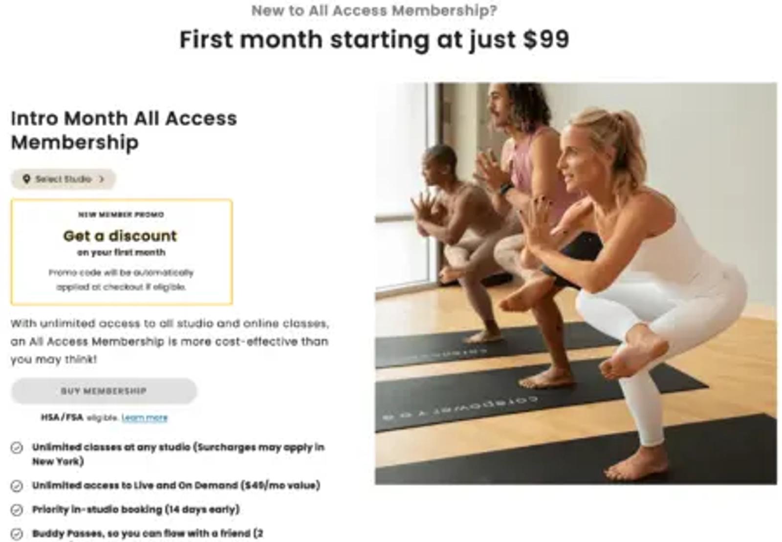 Image showing an offer for a first month membership starting at $99. Three people pose while doing yoga in a yoga studio. 