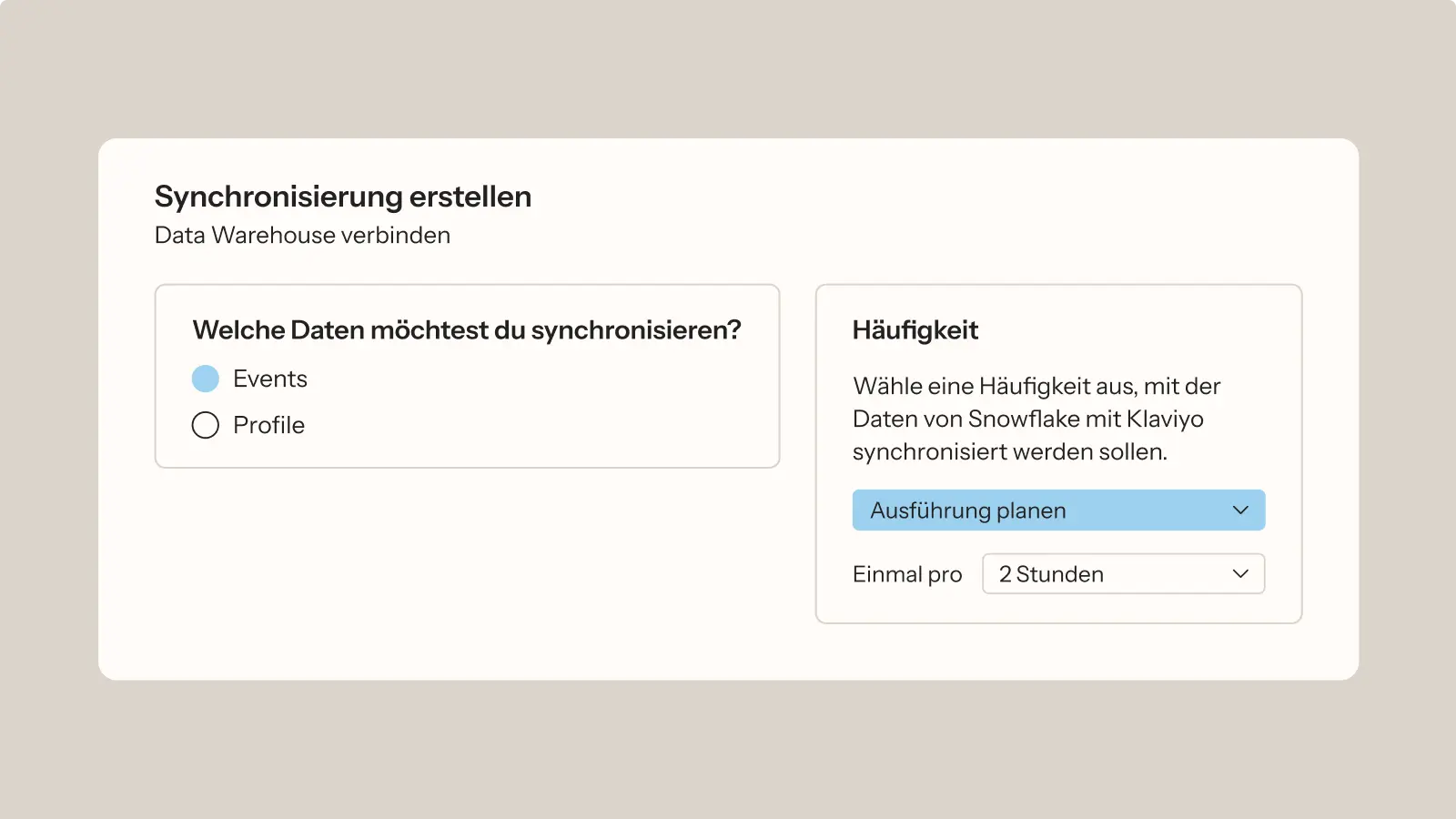 Synchronisierungseinstellungen für Daten: Auswahl zwischen "Events" und "Profile", mit Häufigkeitseinstellung für Snowflake und Klaviyo.