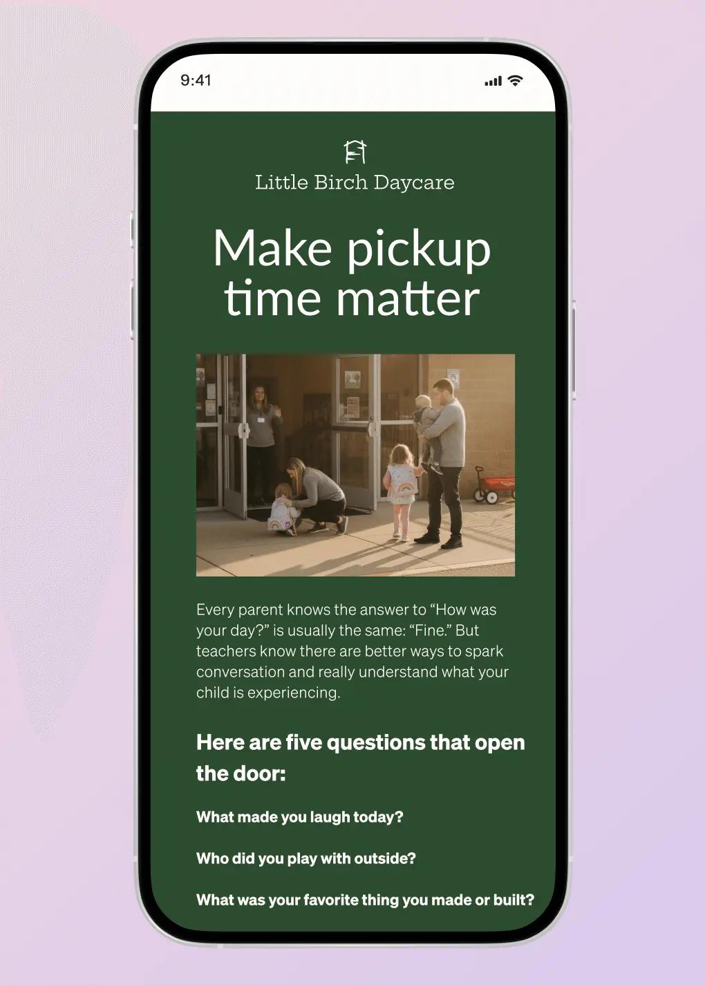 Mobile screen displaying a Little Birch Daycare article titled "Make pickup time matter," with tips for engaging with children.