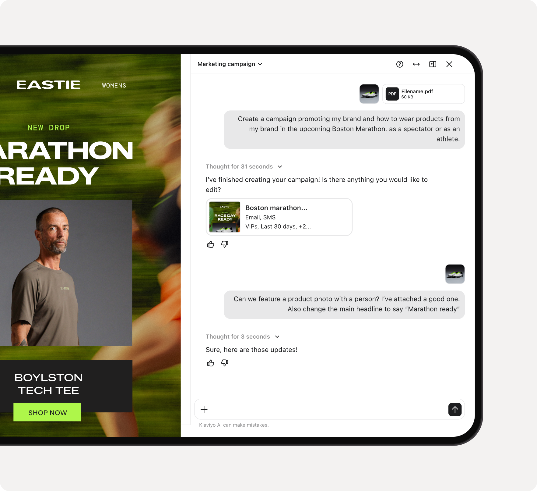 A digital interface displays an Eastie running shoe advert on the left and an AI chat assistant creating a Boston Marathon marketing campaign on the right.